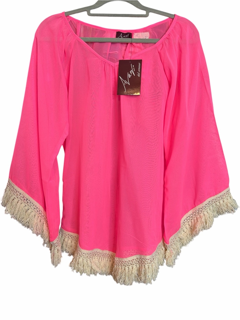 NWT Avani del Amour sheer coral Pink Fringe Tunic Blouse M Boho Festival Barbie
